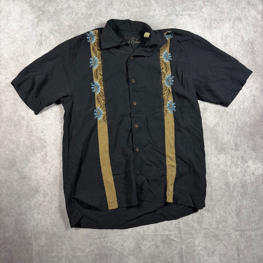 Tommy Bahama Men M Black Silk Embroidered Floral Camp Shirt Short Sleeve Coastal